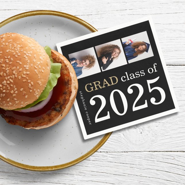 Modern 3 photos Black 2025 Graduation  Napkin (Creator Uploaded)