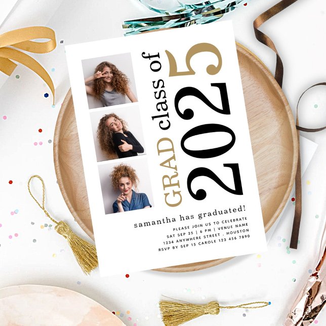 Modern 3 photos Black Gold 2025 White Graduation Invitation (front view)