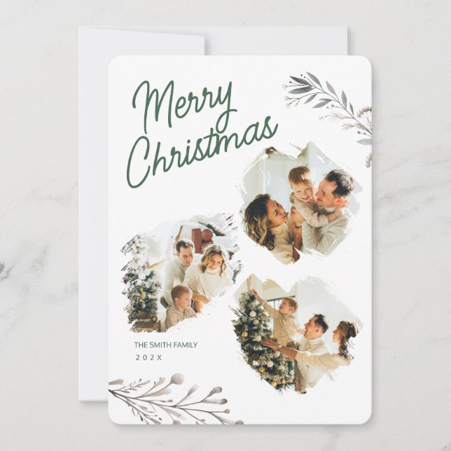 Modern 3 Photos Brushstroke Xmas Greeting Holiday (Front)