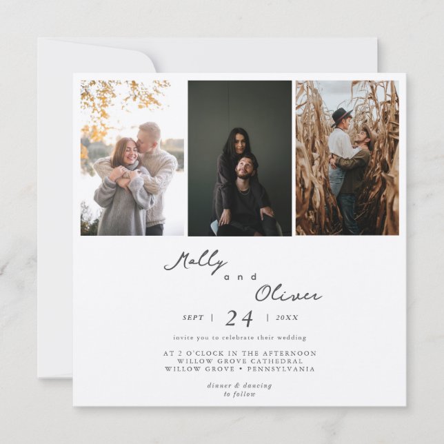 Modern 3 Photos Champagne Shimmer Wedding Invitation (Front)