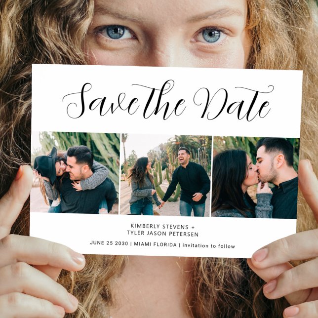 Modern 3 photos chic script wedding save the date (Creator Uploaded)