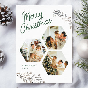 Modern 3 Photos Christmas Greeting Holiday Card