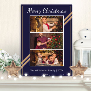 Modern 3 Photos Collage Navy Blue Merry Christmas
