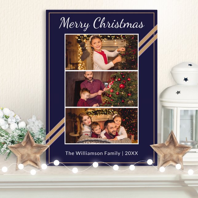 Modern 3 Photos Collage Navy Blue Merry Christmas (A dark blue Christmas card personalized with 3 photos, name and the year, with foil detail)