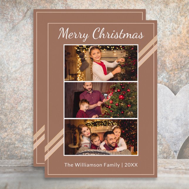Modern 3 Photos Collage Warm Brown Merry Christmas (A stylish Christmas card with 3 custom photos and personalized name and year, on a brown background
)