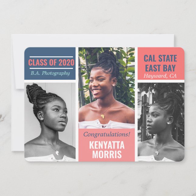 Modern 3 Photos Coral|Teal|Blue Graduation Announcement (Front)