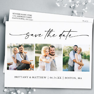 Modern 3 Photos Ink Pen Script Save The Date Postcard