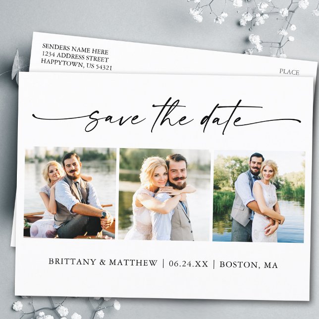 Modern 3 Photos Ink Pen Script Save The Date Postcard (Customize to change your personalized text size or text style.)