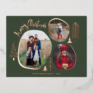 Modern 3 Photos Merry Christmas Foil Holiday Postcard