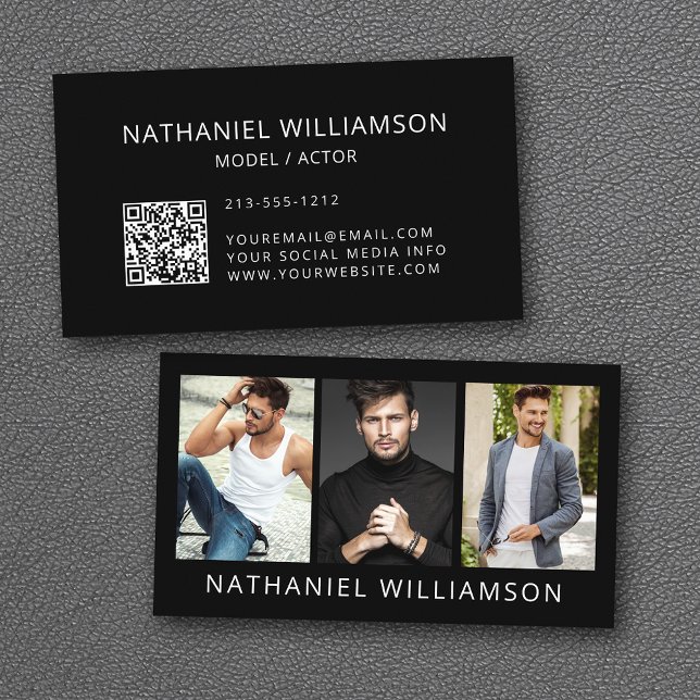 Modern 3 Photos Model and Actor QR Code Business Card (Customize to change background color, text size or style. Add your social media to QR scan code.)
