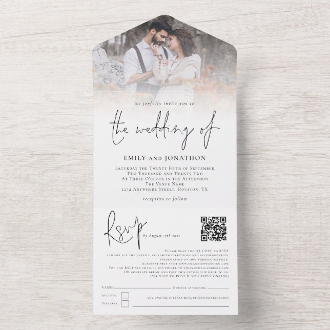 Modern 3 Photos Overlay QR Code Script Wedding All In One Invitation (Inside)