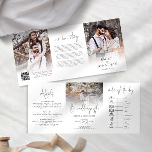 Modern 3 Photos Overlay QR Code Timeline Wedding Tri-Fold Invitation