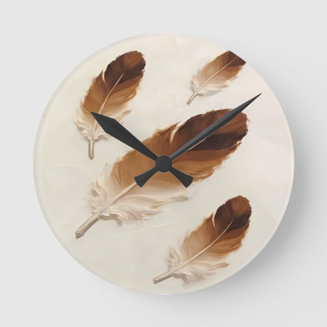 Modern 3D Brown Feather Impasto Acrylic Minimalist Round Clock (Front)