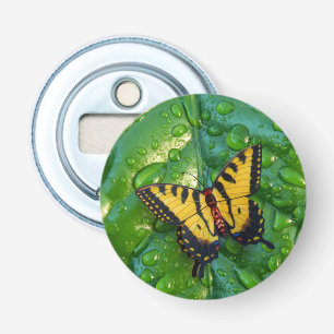 Modern 3D Butterfly On Green Leaf with Raindrops Bottle Opener