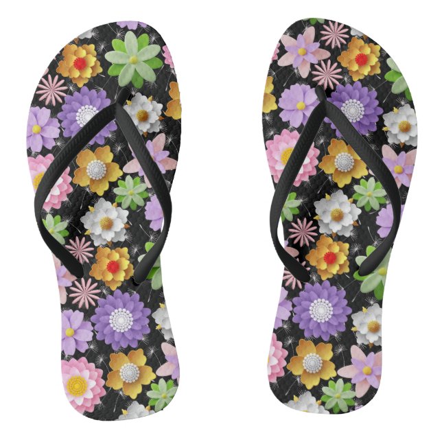 Modern 3D Colourful Floral Pattern 03x4 Black BG Jandals (Footbed)