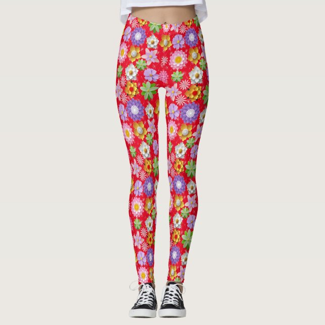 Modern 3D Colourful Floral Pattern 03x4 Red BG Leggings (Front)