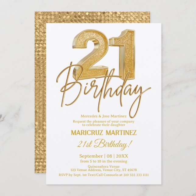 Modern 3D Gold Glitter 21st Birthday Party Invitation (Front/Back)