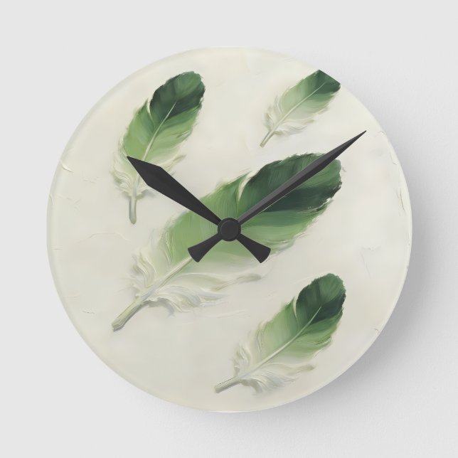 Modern 3D Green Feather Impasto Acrylic Minimalist Round Clock (Front)