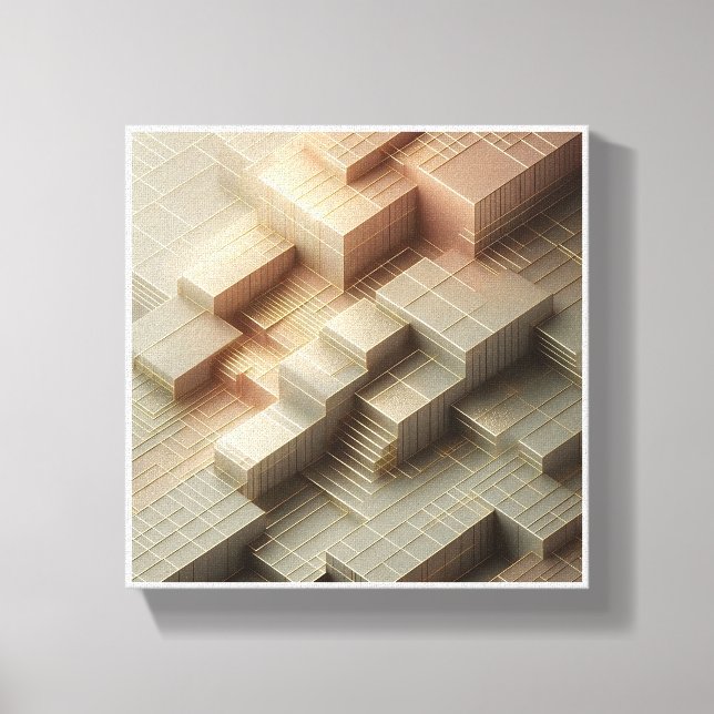Modern 3D Isometric Geometric Blocks - Gold and Gr Canvas Print (Front)
