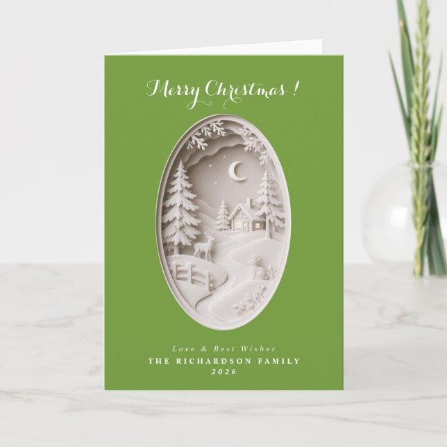 Modern 3D papercut Green Christmas Card (Front)