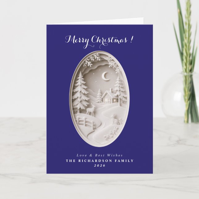 Modern 3D papercut navy blue Christmas Card (Front)