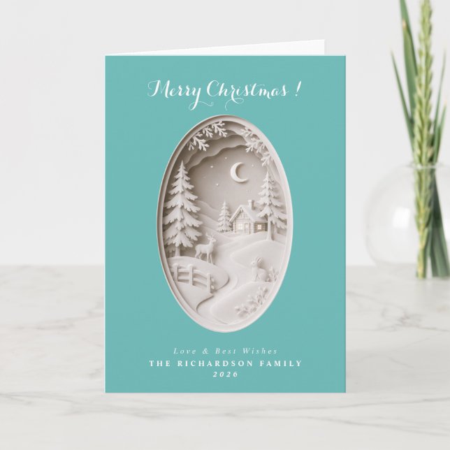 Modern 3D papercut teal blue Christmas Card (Front)