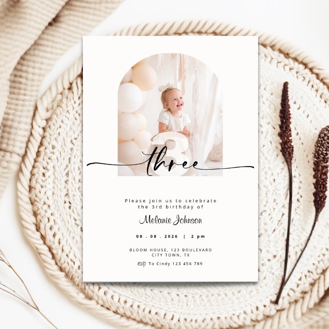 Modern 3rd Birthday Invitation Photo Cream (3rd birthday invitation with photo and cream color background)