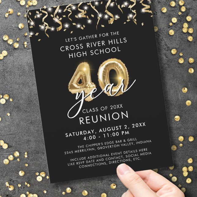 Modern 40 Year Class Reunion Black Gold Streamers Invitation (Creator Uploaded)