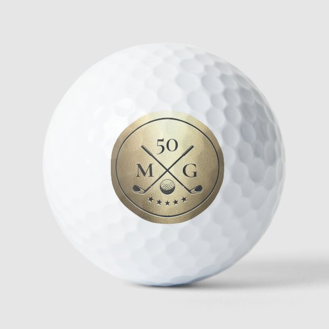 Modern 40th 50th 60 Birthday Golf Monogram Gold Balls (Front)