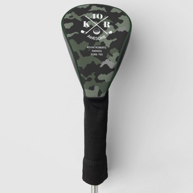 Modern 40th 50th 60th Birthday Golf Monogram Camo Golf Head Cover (Front)