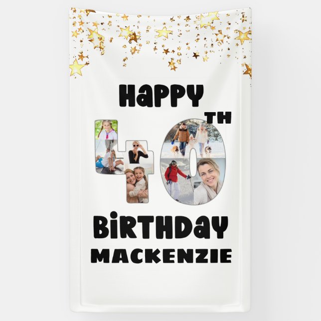 Modern 40th Birthday 7 Photo Collage Numbers Stars Banner (Vertical)