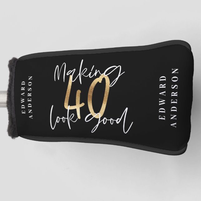Modern 40th birthday black gold typography golf head cover (Front)