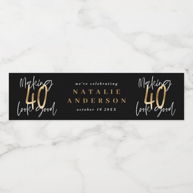 Modern 40th birthday black gold typography water bottle label (Single Label)