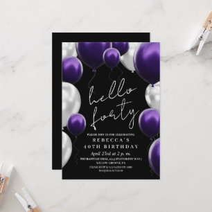 Modern 40th Birthday Black Silver Purple Balloons  Invitation