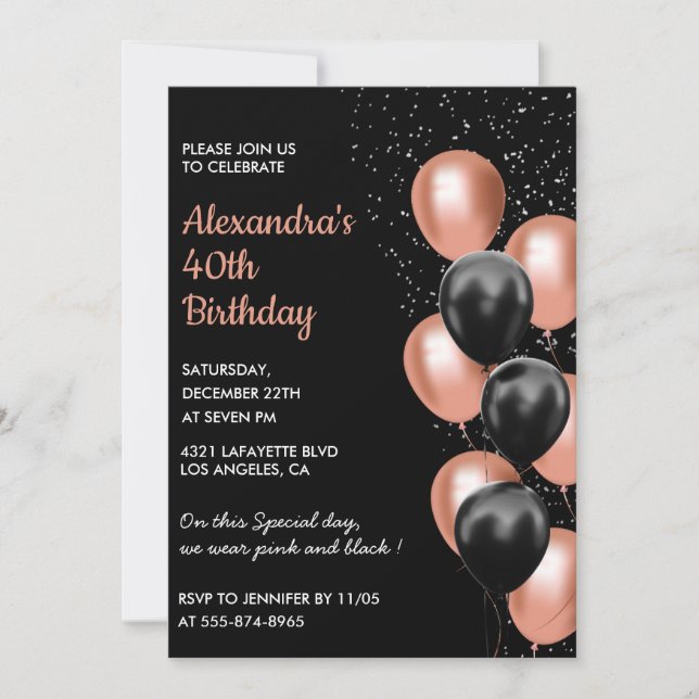 Modern 40th birthday invitation Balloon Black Pink (Front)