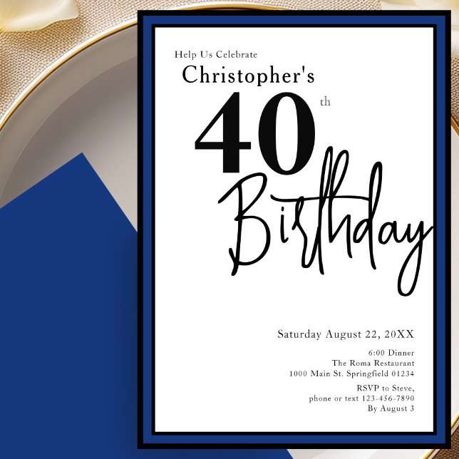 Modern 40th Birthday Invitation Elegant Black Blue (Creator Uploaded)