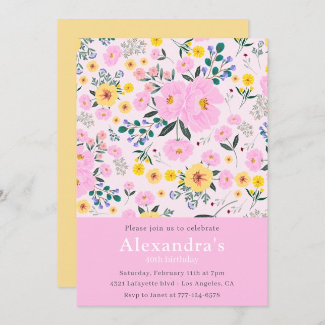 Modern 40th birthday invitations Boho Floral Chic (Front/Back)