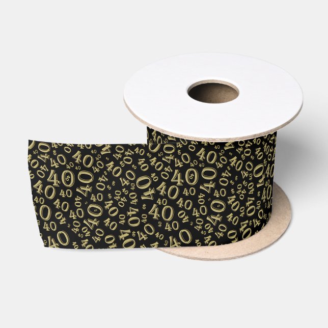 Modern 40th Birthday Number Pattern Black/Gold Satin Ribbon (Spool)