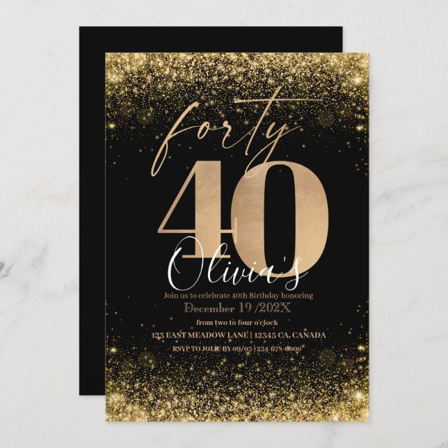 Modern 40th Birthday Party Black Gold Glitter Invitation (Front/Back)