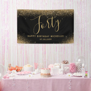 Modern 40th Birthday Party Black Gold Glitter Name Banner
