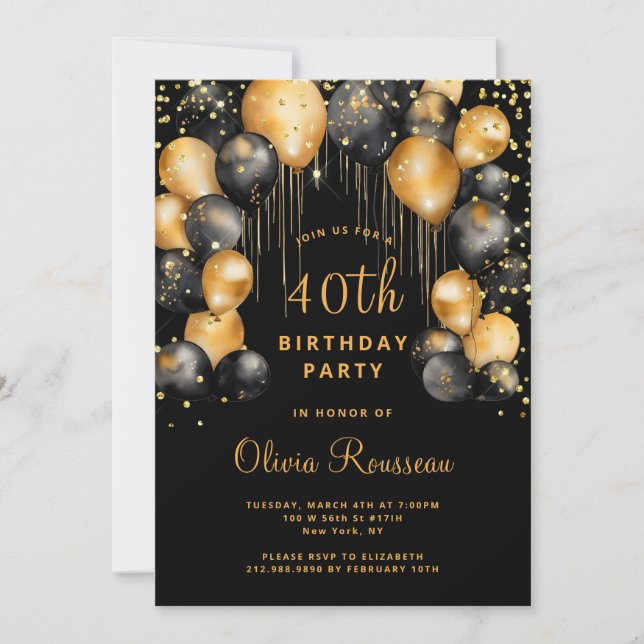 Modern 40th Birthday Party Black Gold  Invitation (Front)