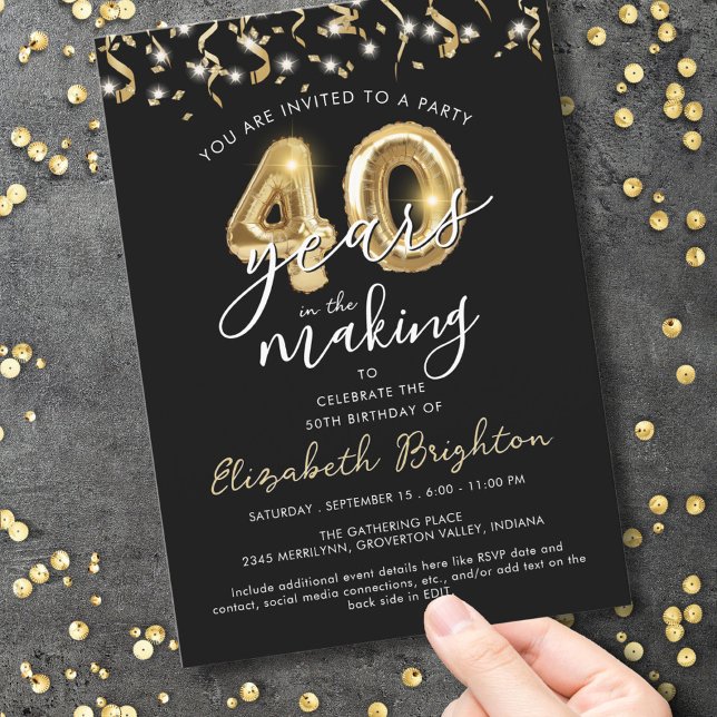Modern 40th Birthday Script Balloon Streamers Invitation (Creator Uploaded)