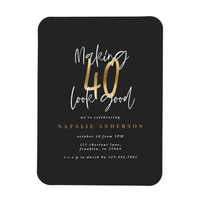 Modern 40th birthday typography black and gold magnet (Vertical)