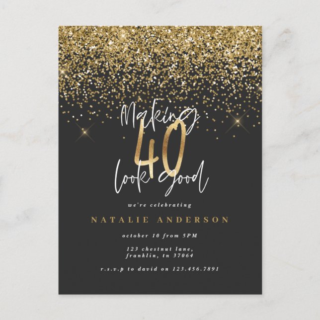 Modern 40th birthday typography glitter gold black postcard (Front)
