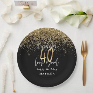 Modern 40th birthday typography gold glitter party paper plate