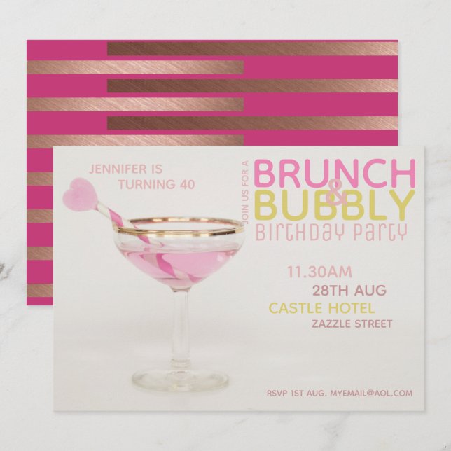 Modern 40th BRUNCH BUBBLY Cocktail PINK GOLD Invitation (Front/Back)