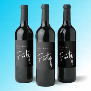Modern 40th Forty Fortieth men's birthday black Wine Label
