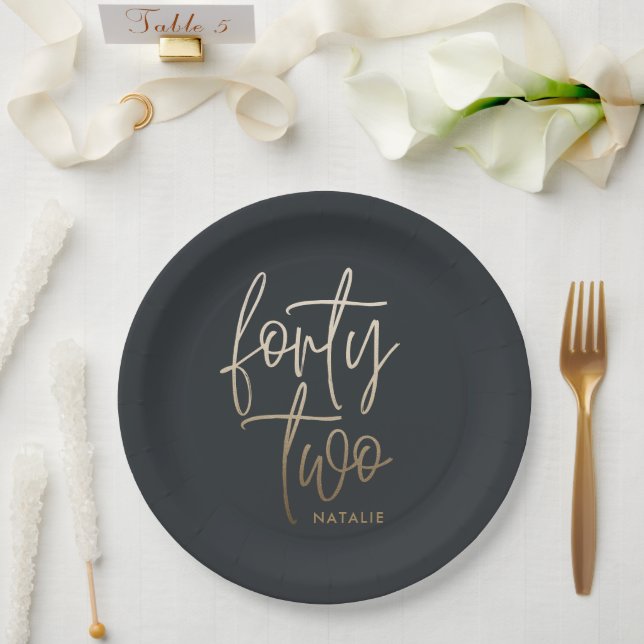 Modern 42nd birthday Black gold elegant script Inv Paper Plate (Wedding)