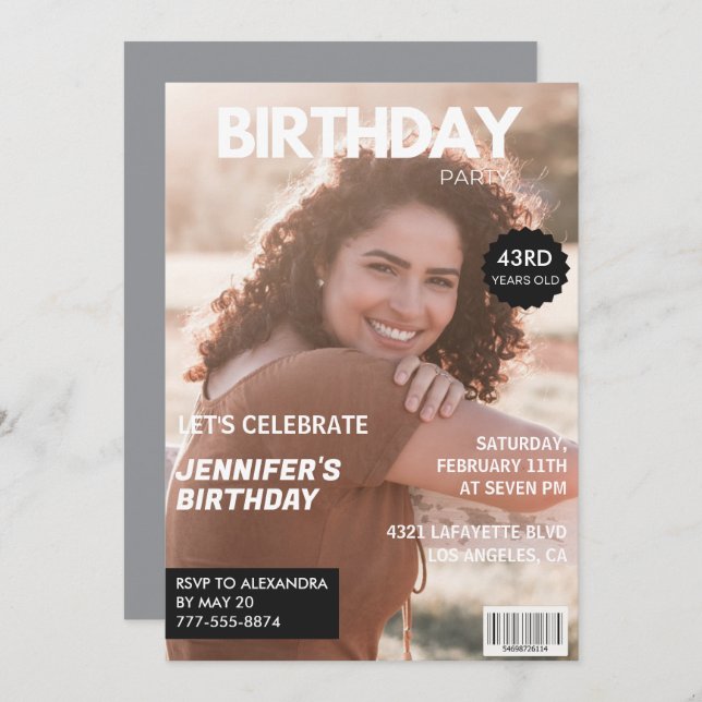 Modern 43rd birthday invitations Stylish Magazine (Front/Back)