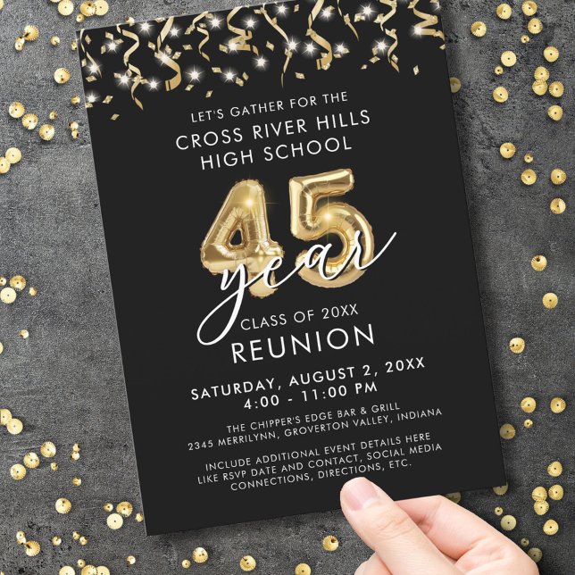 Modern 45 Year Class Reunion Black Gold Streamers Invitation (Creator Uploaded)